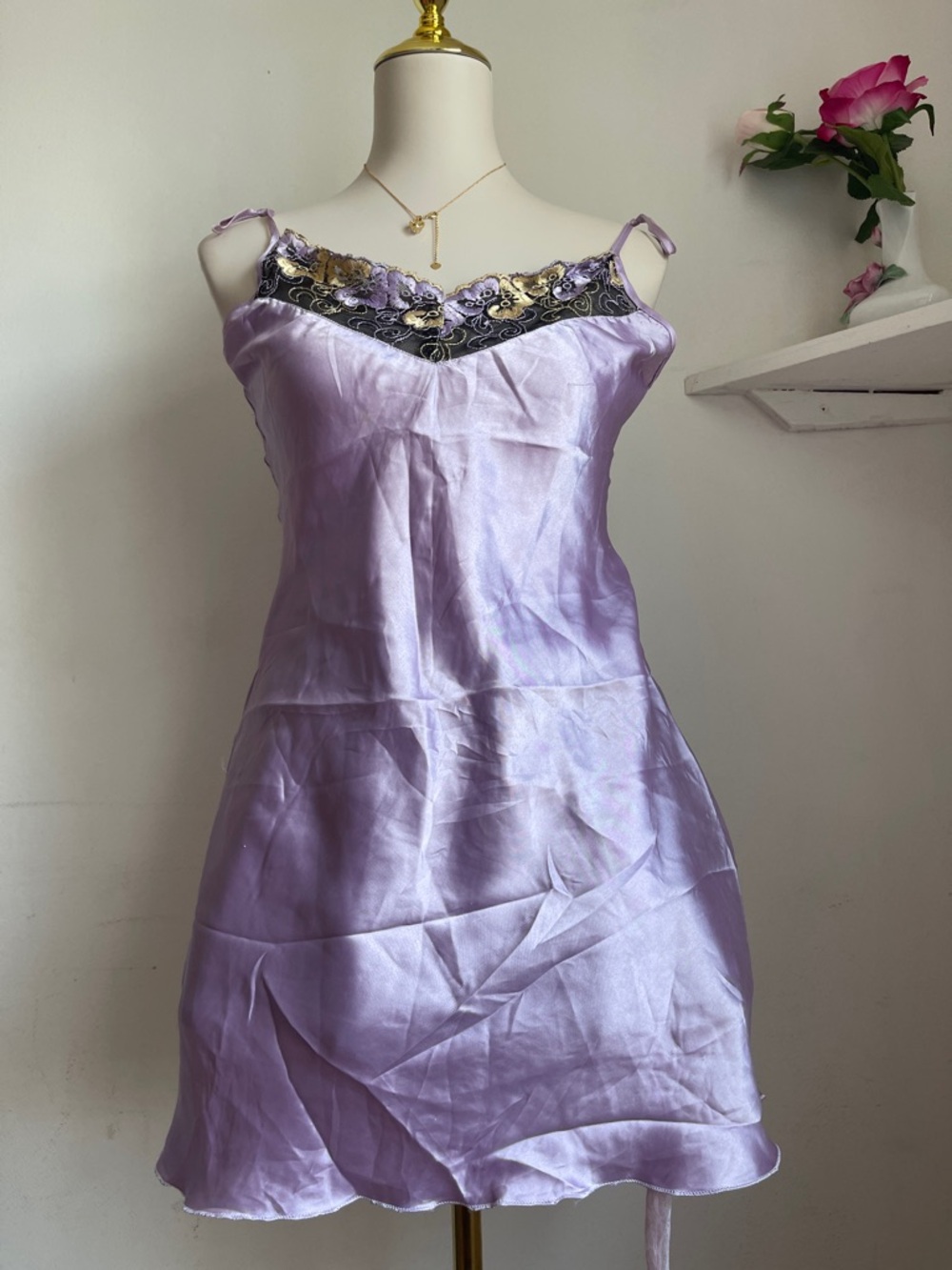 Vintage Lavender Satin Slip Dress with Black and Gold Lace